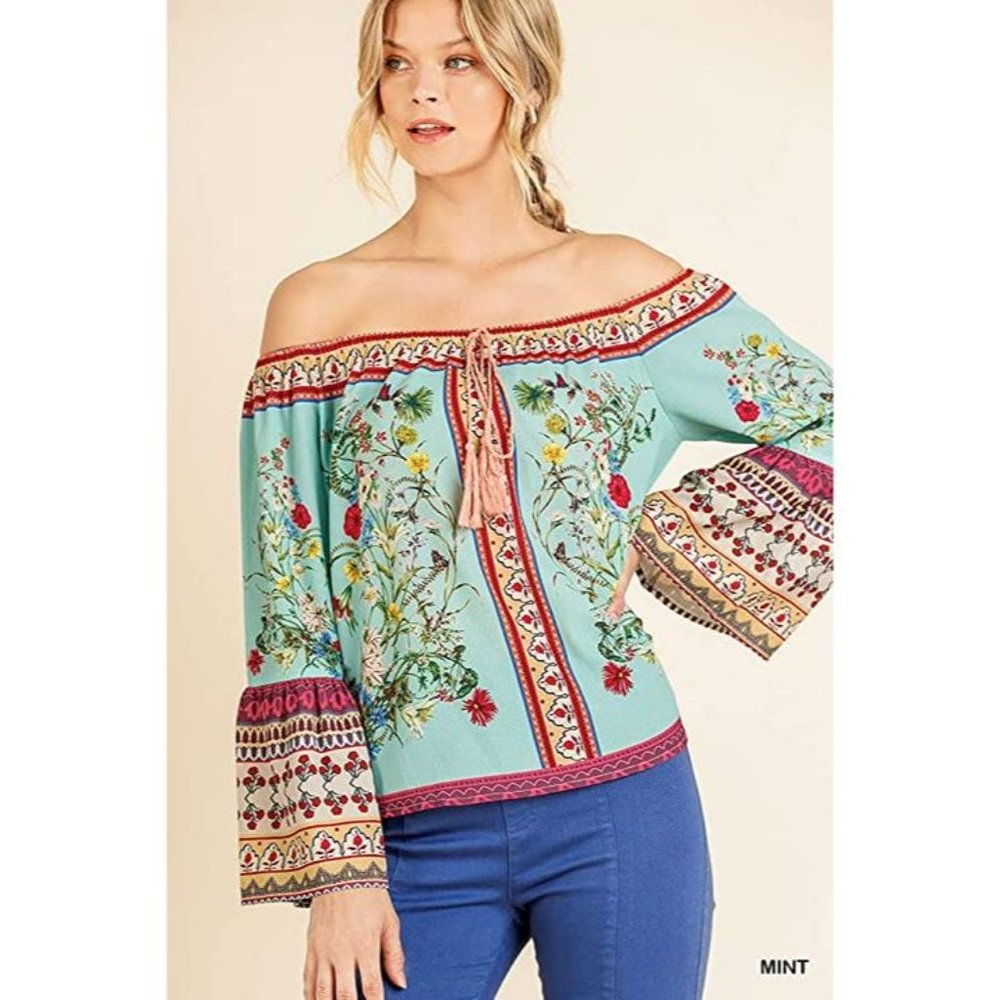 Umgee Off the Shoulder Bell Sleeve Boho Floral Top size Small